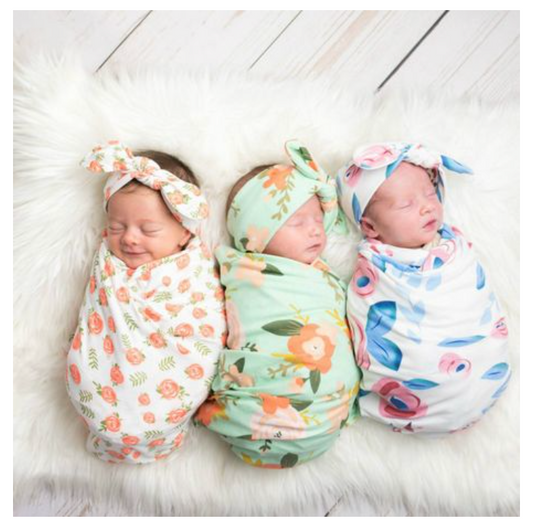 Baby Pink and Green Floral Swaddle Blanket with Headband
