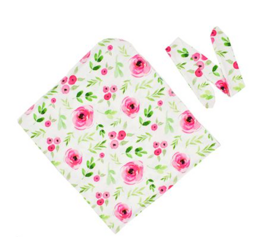 Baby Pink and Green Floral Swaddle Blanket with Headband