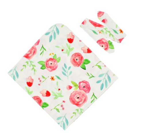 Baby Beautiful Floral Swaddle Blanket and Headband Set
